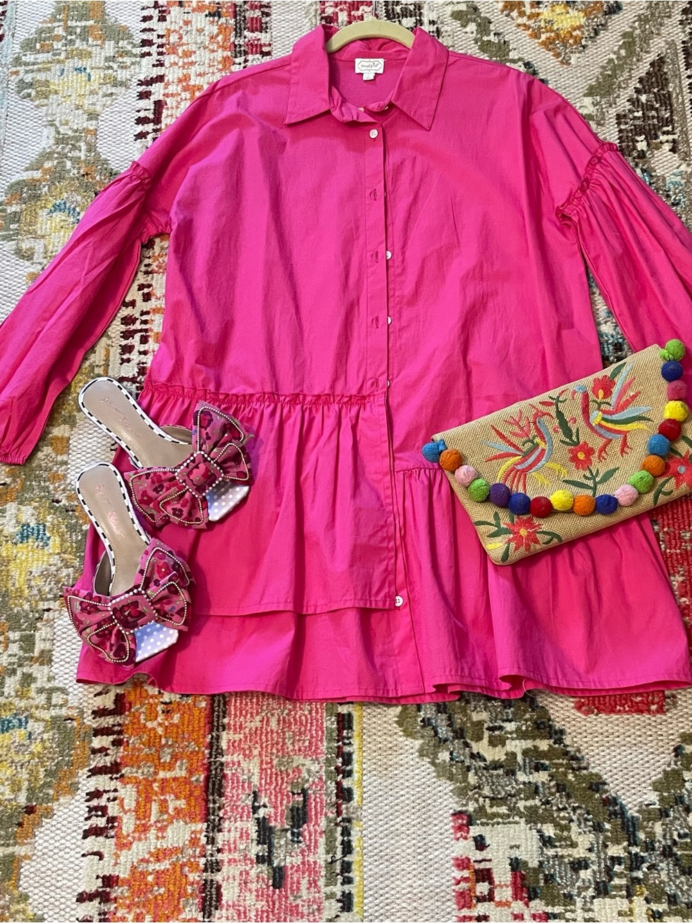 Mud Pie Hot Pink Tiered Button-Up Dress